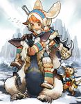  animal_ears armor bunny_ears cold felyne glowing glowing_eyes haruo lagombi lagombi_(armor) monster monster_hunter monster_hunter_portable_3rd orange_hair red_eyes sitting snow weapon 