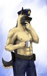  canine clothing coffee cup dog hat male mammal pants police solo tail topless 