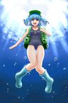  backpack bag blue_eyes blue_hair boots hat highres kawashiro_nitori key one-piece_swimsuit rubber_boots school_swimsuit short_hair solo swimsuit totosu touhou two_side_up underwater 