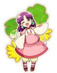  ;d animal bangs bloomers blue_eyes blush bow clover dress earrings flower four-leaf_clover freckles full_body grandia grandia_i jewelry kaipo one_eye_closed open_mouth purple_hair puui_(grandia) shoes smile solo striped striped_legwear sue_(grandia) thighhighs underwear white_bloomers 