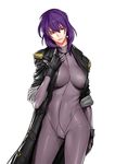 bodysuit breasts cleavage coat cowboy_shot delta_zone fingerless_gloves ghost_in_the_shell ghost_in_the_shell_stand_alone_complex gloves grey_bodysuit kusanagi_motoko large_breasts overcoat purple_hair red_eyes skin_tight solo white_background 
