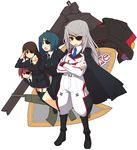  4girls arms_crossed black_hair boots brown_hair character_request clarissa_harfouch coat crossed_arms eyepatch green_hair grey_hair highres infinite_stratos laura_bodewig long_hair military military_uniform multiple_girls open_mouth salute thighhighs uniform 