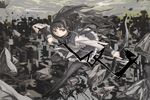  action aiming akemi_homura arrow bad_id bad_pixiv_id black_eyes black_hair boots bow_(weapon) cityscape debris drawing_bow flying full_body holding holding_arrow holding_bow_(weapon) holding_weapon long_hair mahou_shoujo_madoka_magica mo-mo-ride outstretched_arm pantyhose sideways_glance skirt solo weapon 