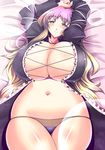  1girl absurdres arms_up blush breasts bubble cleavage curvy female frills gomesu gradient_hair grey_eyes happy highres hijiri_byakuren hips huge_breasts indoors legs_crossed long_hair looking_at_viewer lying multicolored_hair no_bra on_bed open_clothes panties plump shiny smile solo thick_thighs thighs touhou underwear wide_hips 