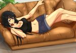  bare_shoulders black_hair breasts cellphone cleavage couch hannibal_(primariest) highres infinite_stratos large_breasts long_hair lying midriff navel open_fly orimura_chifuyu phone pillow shirt short_shorts shorts smile tank_top taut_clothes taut_shirt unzipped 