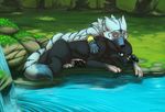  background bracelet canine claws color creek cuddle cuddling darigsey detailed_background ears ears_back eyes_closed female feral grass hindpaw jewelry kurenai lounging lupine male mammal moss paws resting rocks sefeiren stones stripes tail tree trees water waterfall wolf wood 