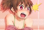  1girl bare_shoulders blush bra breasts brown_hair cleavage collarbone face fang k-on! lingerie open_mouth red_eyes riai_(onsen) small_breasts solo surprised suzuki_jun tears underwear undressing 