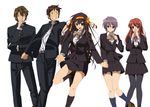  3girls alternate_costume alternate_hairstyle asahina_mikuru blush brown_eyes brown_hair gakuran glasses jacket k3_(dolphin_brain) koizumi_itsuki kouyouen_academy_uniform kyon long_hair matching_outfit multiple_boys multiple_girls nagato_yuki open_clothes open_jacket pantyhose purple_hair school_uniform short_hair smile suzumiya_haruhi suzumiya_haruhi_no_shoushitsu suzumiya_haruhi_no_yuuutsu 