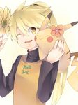  animal animal_on_shoulder blonde_hair chuchu_(pokemon) flower gen_1_pokemon hair_flower hair_ornament long_hair no_hat no_headwear omame_(nakamami) one_eye_closed open_mouth pikachu pokemon pokemon_(creature) pokemon_special ponytail smile sunflower turtleneck upper_body yellow_(pokemon) yellow_eyes 