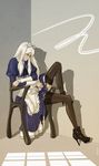  axis_powers_hetalia belarus_(hetalia) blush chair dress hair_ribbon knife lightblue_eyes long_hair ribbon sexy shoes sitting straps thighhighs thoughtfully 