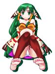  barefoot feena_(grandia) grandia green_eyes green_hair hair_tubes kantaka long_hair panties pantyshot pantyshot_(sitting) red_legwear sitting solo thighhighs toeless_legwear underwear very_long_hair white_panties 