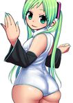  :d aqua_eyes ass blush detached_sleeves from_behind green_hair hair_ornament hatsune_miku highres jouyama_yui leotard long_hair looking_back nail_polish open_mouth simple_background smile solo standing twintails very_long_hair vocaloid wide_sleeves 