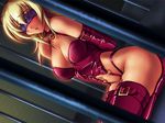  1girl armbinder arms_behind_back artist_request bdsm blindfold blonde_hair breasts cage cleavage collar dia_(six_pieces) dutch_angle female furuno_masashi game_cg jail large_breasts latex long_hair nervous prison seiza sitting six_pieces slave solo source_request sweat thighhighs 