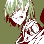  angry bangs clenched_teeth face green green_background green_eyes hair_between_eyes kotonari_seesaa mizuhashi_parsee monochrome muted_color pointy_ears scarf scowl short_hair simple_background solo teeth touhou upper_body 
