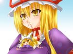  blonde_hair blood blush_stickers chibi fang fox_tail hair_ribbon hat kazami_karasu minigirl multiple_girls multiple_tails nosebleed open_mouth ribbon tail touhou upper_body yakumo_ran yakumo_yukari yellow_eyes 