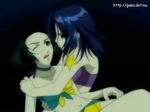  2girls arm arms bare_shoulders blue_hair breasts drowning eye_contact farah_oersted green_eyes green_hair hand_on_shoulder helping holding long_hair marone_bluecarno midriff navel one_eye_closed open_mouth red_eyes serious short_hair star strapless tales_of_(series) tales_of_eternia tattoo underwater water wink 