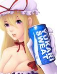  bare_shoulders blonde_hair brand_name_imitation breasts can choker cleavage elbow_gloves gloves hat khalitzburg large_breasts long_hair parody pocari_sweat pun purple_eyes solo touhou yakumo_yukari 