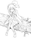  aino_yumeri coat flower full_body greyscale hair_ornament hairband highres kanonno_grassvalley leaf_hair_ornament lily_(flower) lineart monochrome shoe_ribbon shoes side_ponytail sitting skirt smile solo tales_of_(series) tales_of_the_world_radiant_mythology_3 