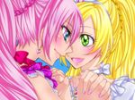  blonde_hair blue_eyes blush choker couple cure_melody cure_rhythm earrings eye_contact eyelashes face face-to-face green_eyes hairband holding_hands houjou_hibiki jewelry lips long_hair looking_at_another magical_girl minamino_kanade multiple_girls pink_choker pink_hair ponytail precure profile roy_(pixiv328934) smile suite_precure white_choker yuri 
