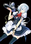  black_legwear blue_eyes braid cup izayoi_sakuya maid maid_headdress mask one_eye_closed pocket_watch short_hair silver_hair solo teacup teapot thighhighs touhou tray tsurukame twin_braids watch 