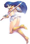  asou_yuuko ass blue_eyes blue_hair boots full_body knee_boots long_hair looking_back mugen_senshi_valis panties shield simple_background solo sword uchiu_kazuma underwear valis weapon white_background 