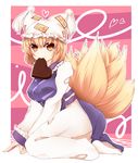  :&gt; ass blonde_hair breasts chocolate chocolate_heart fox_tail hat heart kneeling medium_breasts midori_(misuriru8) mouth_hold multiple_tails no_shoes short_hair smile solo tail touhou yakumo_ran yellow_eyes 