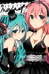  aqua_eyes aqua_hair blue_eyes breasts butterfly_hair_ornament butterfly_wings cleavage dress hair_ornament hatsune_miku headphones highres long_hair magnet_(vocaloid) medium_breasts megurine_luka multiple_girls pink_hair small_breasts smile twintails vocaloid wings yuu_(ckd27) 