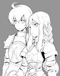  1girl agrias_oaks ahoge armor b.tarou bangs braid final_fantasy final_fantasy_tactics greyscale long_hair monochrome ramza_beoulve short_hair single_braid 