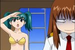  2girls aqua_hair arm armpits arms bare_shoulders bikini black_eyes blue_eyes boat breasts brown_hair cleavage disappointed doi_shizuha embarrassed female friends green_hair honjo_mikaze inside ladder long_hair looking_away midriff necktie open_mouth school_uniform short_hair sky strapless strapless_bikini strapless_swimsuit stratos_4 swimsuit twintails 