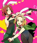  1girl :d animal_ears armpits axis_powers_hetalia black_legwear blonde_hair blush bow bowtie brown_hair bunny_boy bunny_ears bunny_tail bunnysuit cape crossdressing dual_wielding fake_animal_ears fang fighting_stance gradient_hair green_eyes green_legwear gun handgun heart holding leaning_forward lithuania_(hetalia) multicolored_hair naughty_face open_mouth otoko_no_ko pantyhose poland_(hetalia) short_hair smile standing tail weapon wrist_cuffs yuzu_ichika 