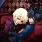  alois_trancy black_hair blonde_hair blue_eyes ciel_phantomhive eyepatch kuroshitsuji male_focus multiple_boys reshika 