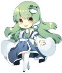  blush_stickers chibi frog green_hair hair_ornament kochiya_sanae long_hair lowres outstretched_hand roh_nam_kyung simple_background snake solo thighhighs touhou white_legwear yellow_eyes 