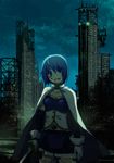  blue_eyes blue_hair bob_cut building cape empty_eyes gloves grin highres kawasemi_(pocorit) magical_girl mahou_shoujo_madoka_magica miki_sayaka night night_sky short_hair sky smile solo sword thighhighs weapon white_gloves zettai_ryouiki 