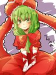  bow frills front_ponytail green_eyes green_hair hair_bow hair_ribbon kagiyama_hina long_hair ribbon sketch smile solo touhou v_arms zawameki 