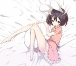  animal_ears bad_id bad_pixiv_id bare_legs barefoot bed_sheet brown_hair bunny_ears bunny_tail dress feet fetal_position full_body highres inaba_tewi legs lying on_side pillow plantar_flexion pokachu red_eyes solo tail touhou 