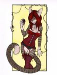 bells bix707 cat choker corset feline female fish_bones necklace red red_hair solo string underwear wool yellow 