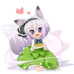  aburaage animal_ears bad_id bad_pixiv_id black_hairband blue_eyes blush chibi eyebrows fang food fox_ears fox_tail ghost hairband heart highres hitodama inarizushi jigatei_(omijin) kemonomimi_mode kneeling konpaku_youmu konpaku_youmu_(ghost) plate short_hair simple_background smile solo sushi tail touhou white_hair 