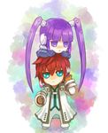  1girl :&lt; :x aqua_eyes asbel_lhant brown_hair chibi long_hair purple_eyes purple_hair shinono short_hair sophie_(tales) tales_of_(series) tales_of_graces twintails 