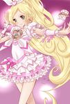  bad_id bad_pixiv_id blonde_hair choker cure_rhythm earrings fairy_tone green_hair heart highres jewelry kojikoji long_hair magical_girl minamino_kanade musical_note ponytail precure purple_background rery ribbon smile suite_precure white_choker 