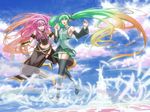 boots cloud day detached_sleeves feathers gradient_hair green_eyes green_hair hatsune_miku headphones holding_hands isizuka_sam knee_boots long_hair megurine_luka multicolored_hair multiple_girls necktie open_mouth pink_hair skirt sky thigh_boots thighhighs twintails very_long_hair vocaloid 