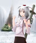  caterpillar_tracks detached_sleeves ground_vehicle hat impossible_clothes impossible_shirt inubashiri_momiji kcme military military_vehicle motor_vehicle panzerschreck red_eyes rocket_launcher russian shirt short_hair silver_hair smoke solo t-34 tank thumbs_up tokin_hat touhou translated weapon world_war_ii 