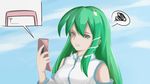  angry bad_id bad_pixiv_id bare_shoulders breasts cellphone detached_sleeves frog green_eyes green_hair hair_ornament kochiya_sanae large_breasts long_hair open_mouth phone shanaharuhi snake solo speech_bubble touhou 