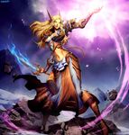  blonde_hair blood_elf book boots chain fire genzoman green_eyes hearthstone long_hair magic midriff official_art pauldrons pointy_ears rock snow solo spellbender sword warcraft weapon world_of_warcraft 