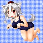  animal_ears barefoot blush dog_ears hat highres inubashiri_momiji one-piece_swimsuit paw_pose red_eyes rena_(riries) school_swimsuit shiny shiny_clothes short_hair silver_hair smile solo swimsuit tail tokin_hat touhou white_hair wolf_ears wolf_tail 