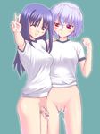  2girls blue_eyes blue_hair blush bottomless breasts creampie cum cum_in_pussy cum_inside ejaculation facial flaccid foreskin futa_with_female futanari large_breasts long_hair multiple_girls no_testicles peace_sign penis pussy pussy_juice red_eyes short_hair simple_background smile uncircumcised v wink 