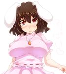  animal_ears blush breasts brown_hair bunny_ears carrot inaba_tewi jewelry large_breasts older pendant red_eyes short_hair solo tipo_(tipoplaza) touhou translated upper_body 