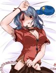  bed blue_eyes blush breasts brown_eyes cleavage dedeyong groin hat hat_removed headwear_removed jiangshi lying medium_breasts miyako_yoshika no_panties ofuda on_back open_mouth red_eyes silver_hair skirt skirt_pull solo star touhou upper_body 