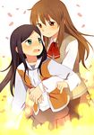  aqua_eyes black_hair blush brown_hair commentary_request fujino_shizuru hachiko_(hati12) hug hug_from_behind kuga_natsuki long_hair multiple_girls my-hime open_mouth petals red_eyes school_uniform smile yuri 