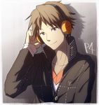  brown_eyes brown_hair hanamura_yousuke headphones male_focus nishisaki persona persona_4 school_uniform smile solo 