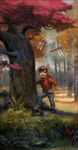  autumn_leaves backpack bag brown_hair bug child dragonfly forest insect jana_schirmer male_focus nature original realistic scenery smile solo toy_sword tree 